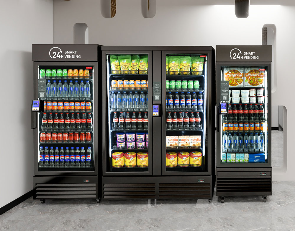 Modern vending machine stocked with snacks
