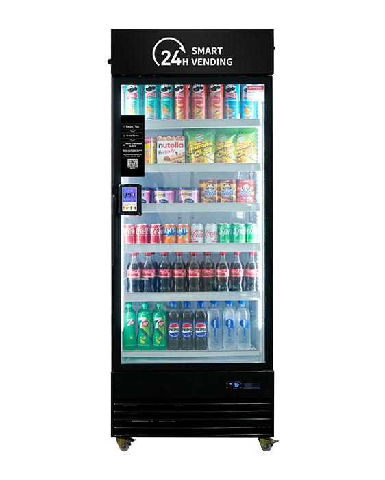 Smart cooler with fresh items, snacks and beverages